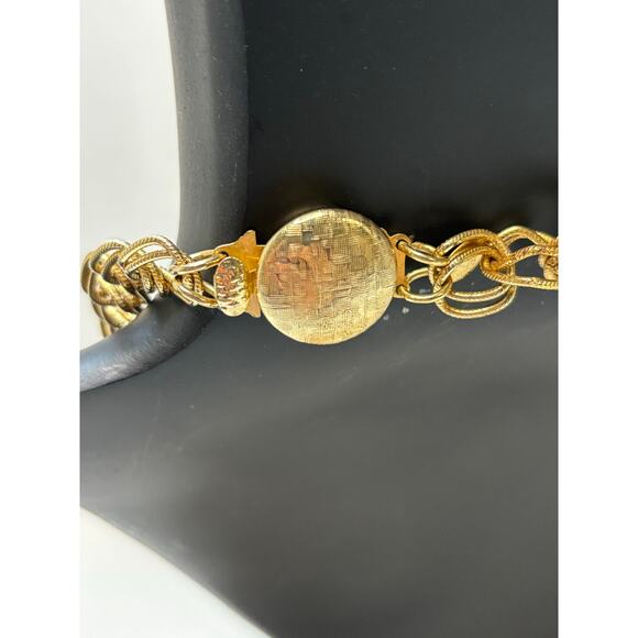 Vintage PARK LANE Necklace Gold Tone Bib Choker Signed Faux Pearl Triple Chain - Picture 3 of 5